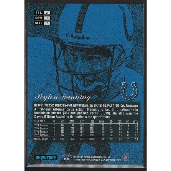 1998 Flair Showcase 'Showtime' RC Rookie Peyton Manning Row 3 Seat 3 Colts - Picture 2 of 2